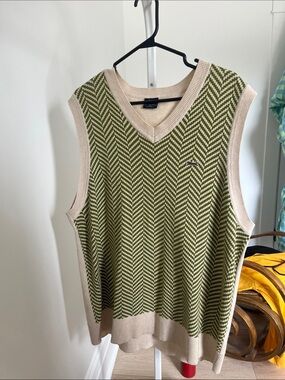 Olive Chevron V-Neck Sweater Vest with Cream Trim